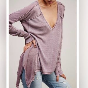 Free People Boho Purple Oversized Thermal V Neck Long Sleeve Top Women’s Size S